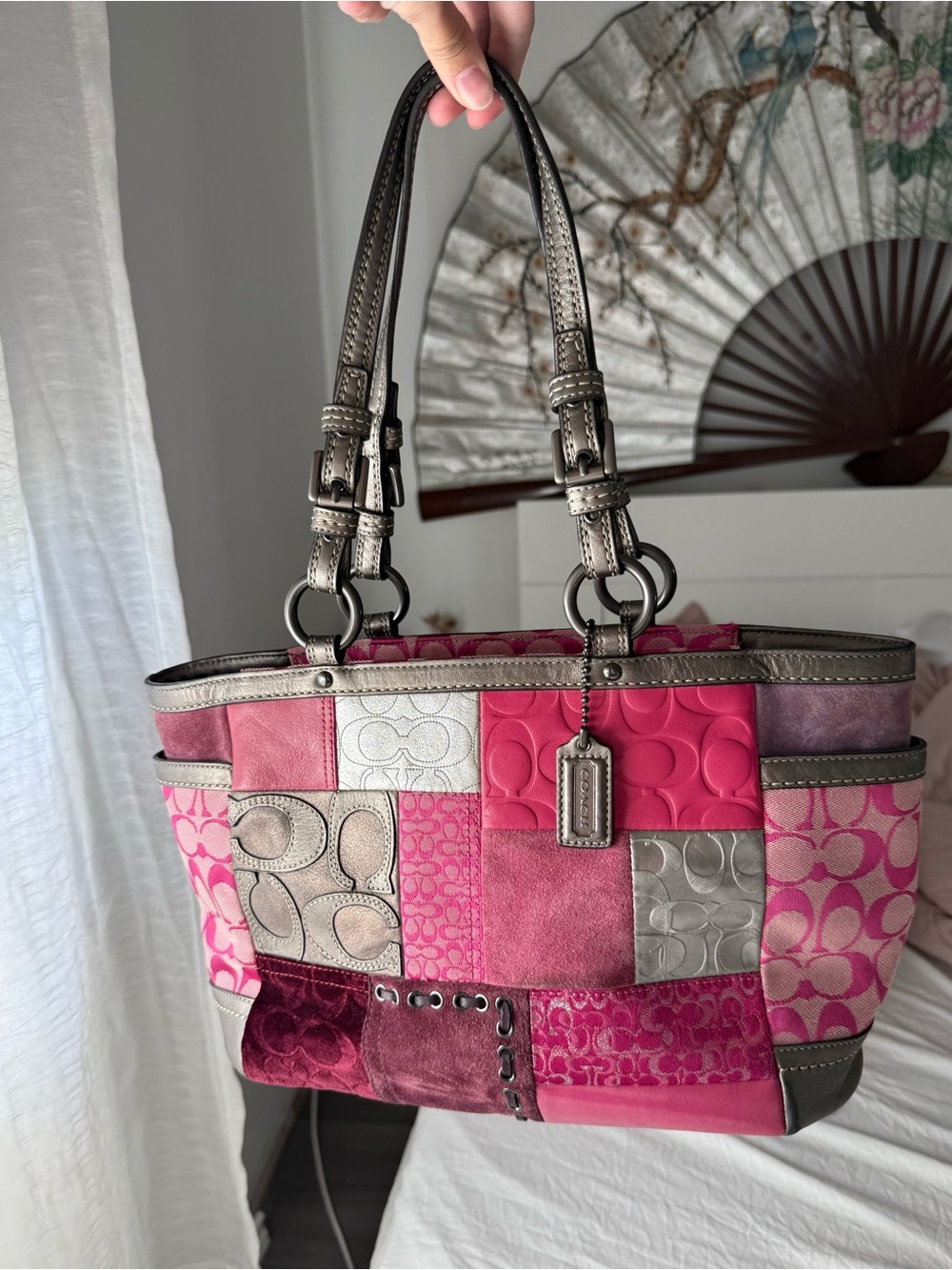 RARE Vintage Y2K Coach Pink Holiday Patchwork Tote